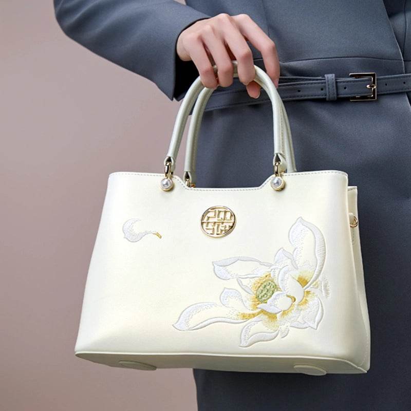 Embroidery Leather White Crossbody Tote Bag Lotus Luxury Gift - Image 2