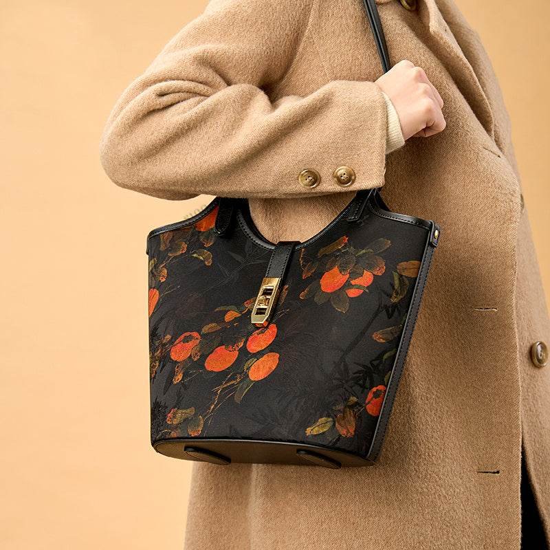 Xiangyunsha Silk Leather Printed Persimmon Bucket Bag - Image 2