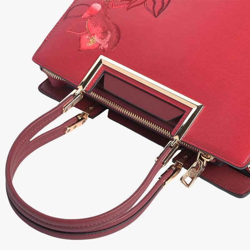 Sinocultural Embroidery Leather Red Tote Bag Magnolia Women's Handbag - Image 10