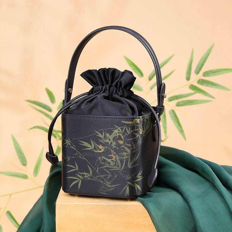 Xiangyunsha Silk Black Bamboo Print Mini Cube Bucket Bag - Image 5
