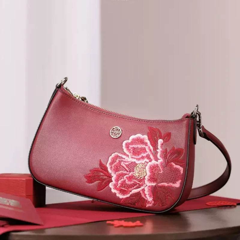 Embroidery Leather Red Shoulder Bag Peony Women's Hobo Handbag - Image 5
