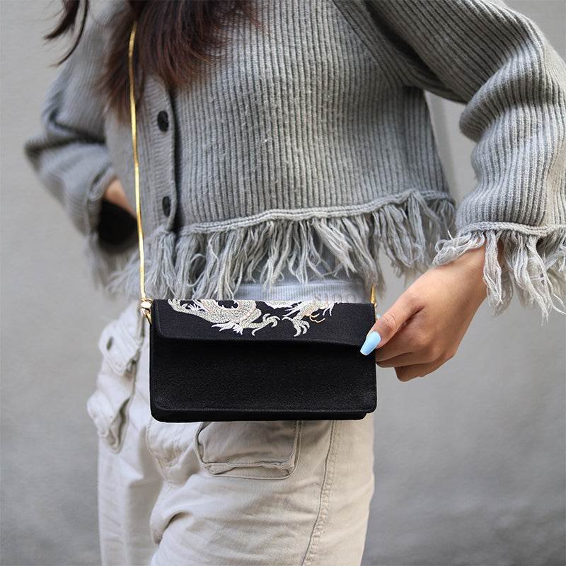 Ultra-Light Loong Silk Embroidery Black Evening Bag Recycled Fabric 154g - Image 3