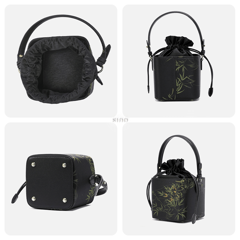 Xiangyunsha Silk Black Bamboo Print Mini Cube Bucket Bag - Image 8