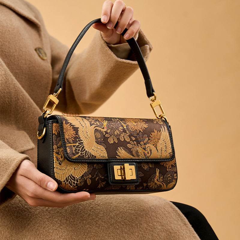 Xiangyunsha Silk Vintage Crane Print Shoulder Bag - Image 4