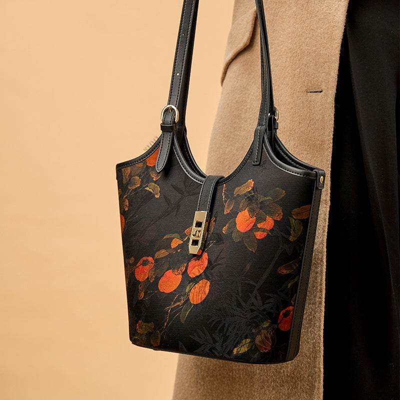 Xiangyunsha Silk Leather Printed Persimmon Bucket Bag - Image 3