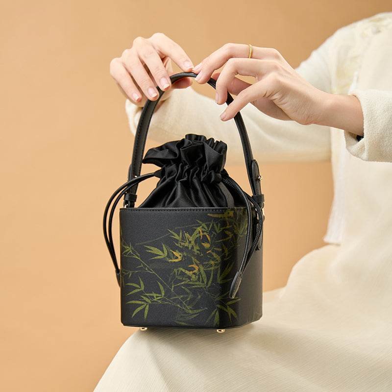 Xiangyunsha Silk Black Bamboo Print Mini Cube Bucket Bag - Image 4