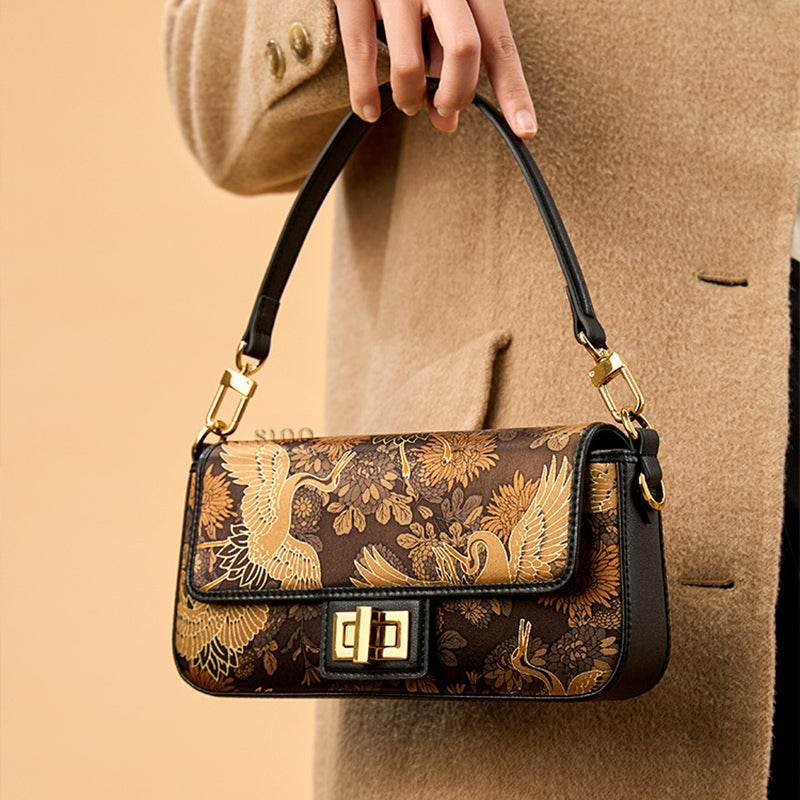 Xiangyunsha Silk Vintage Crane Print Shoulder Bag - Image 2