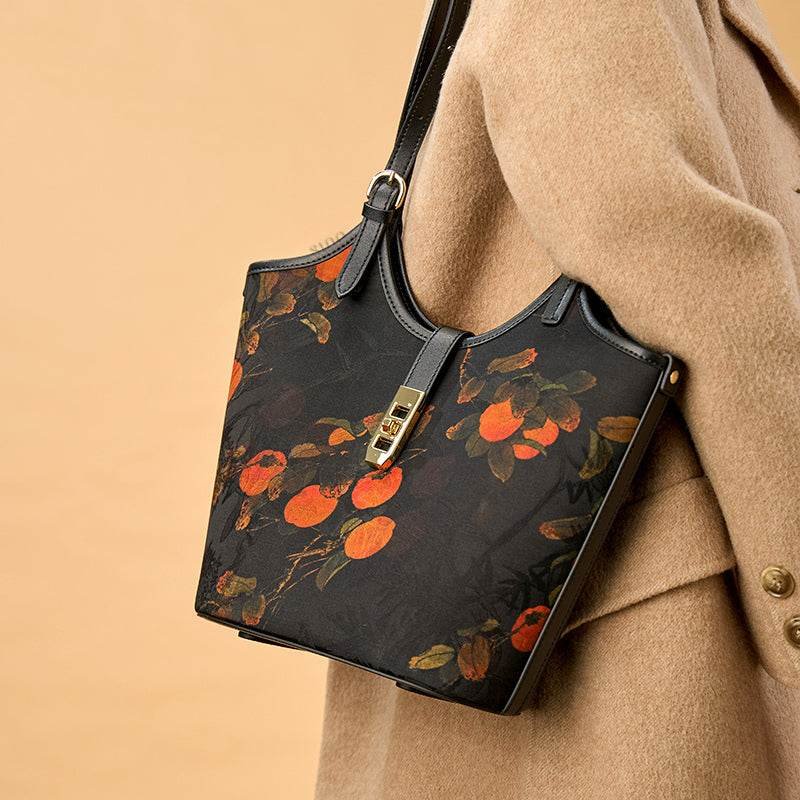 Xiangyunsha Silk Leather Printed Persimmon Bucket Bag - Image 4