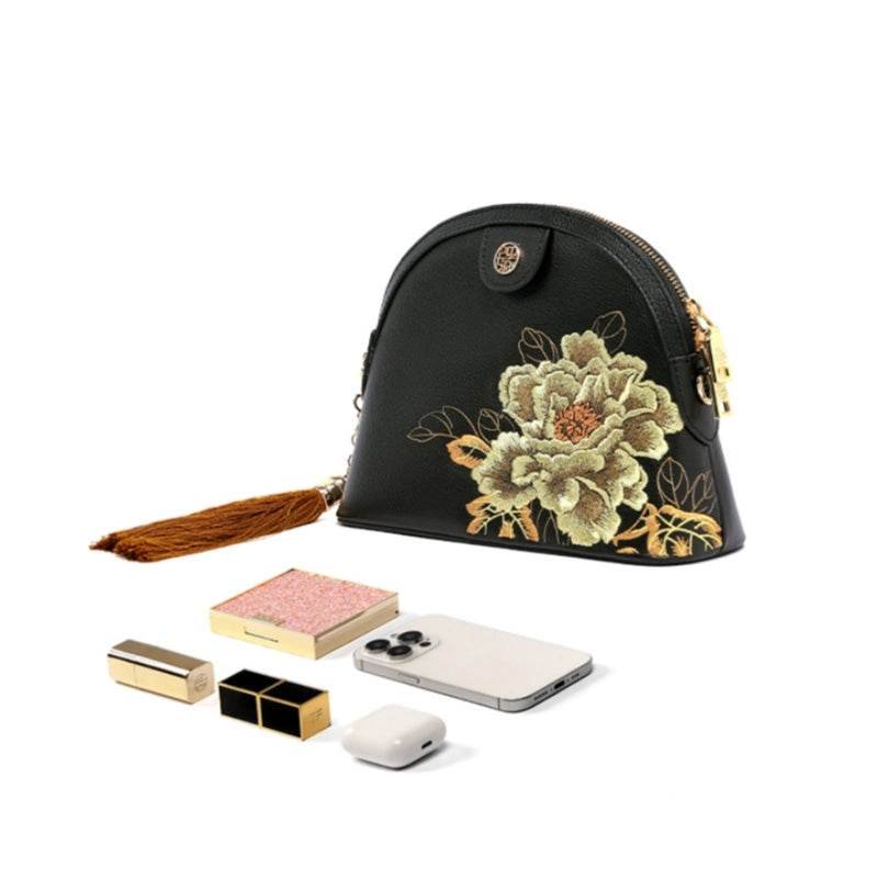 Embroidery Leather Shoulder Bag High Luxury Royal Gold Peony - Image 6