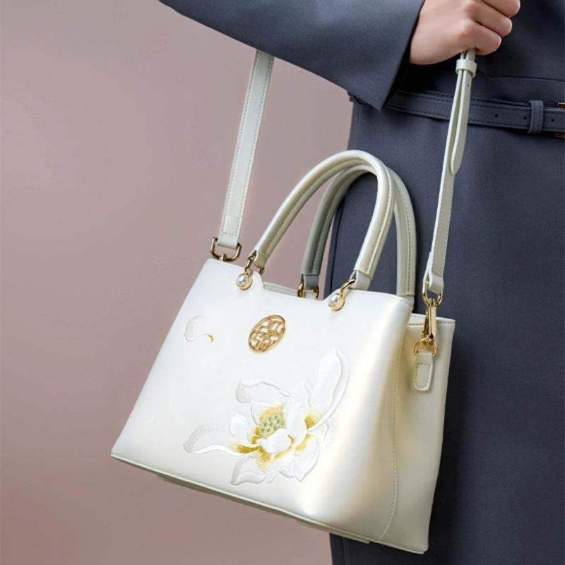 Embroidery Leather White Crossbody Tote Bag Lotus Luxury Gift - Image 3