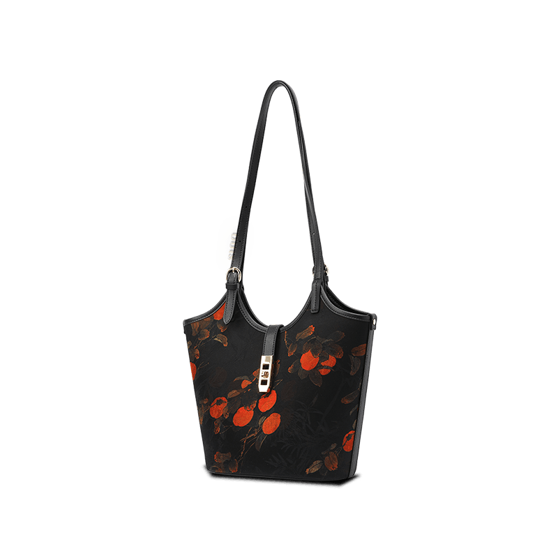 Xiangyunsha Silk Leather Printed Persimmon Bucket Bag - Image 9