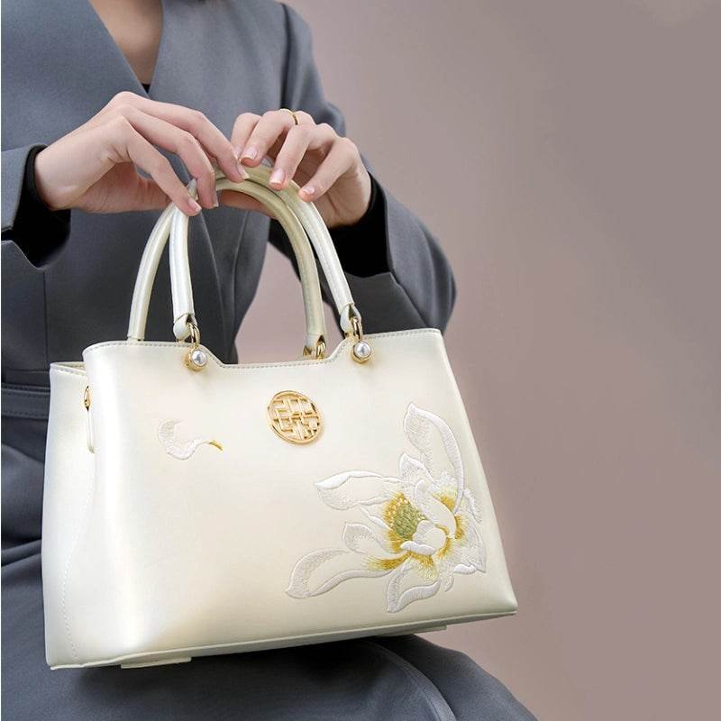 Embroidery Leather White Crossbody Tote Bag Lotus Luxury Gift - Image 4