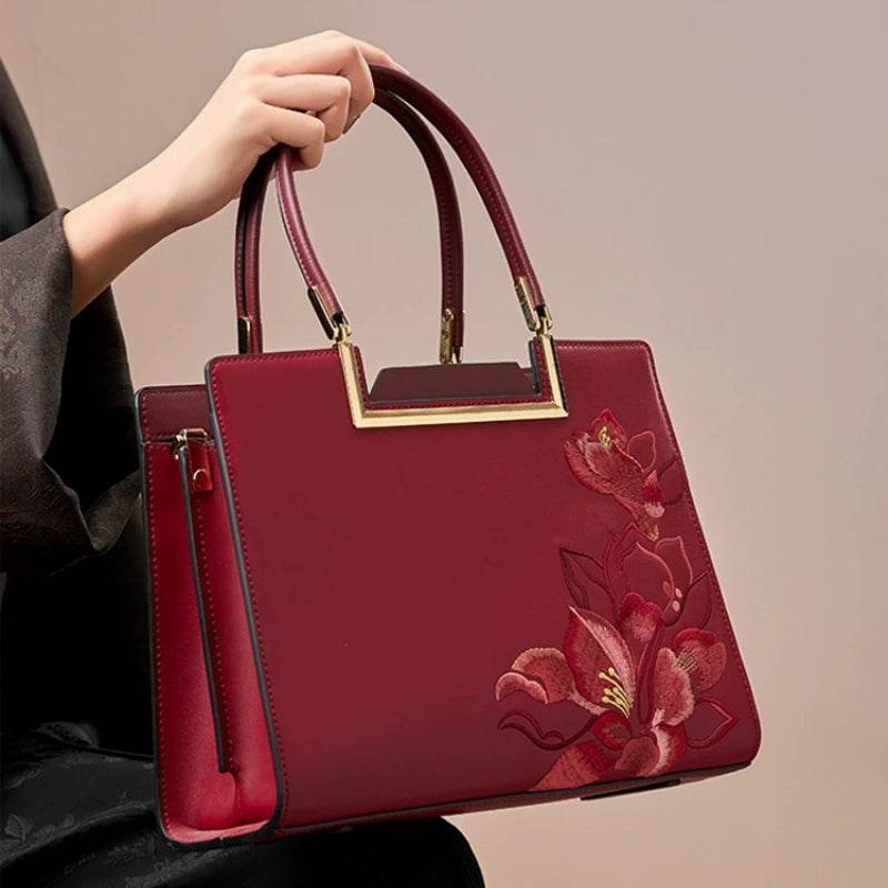 Sinocultural Embroidery Leather Red Tote Bag Magnolia Women's Handbag - Image 5