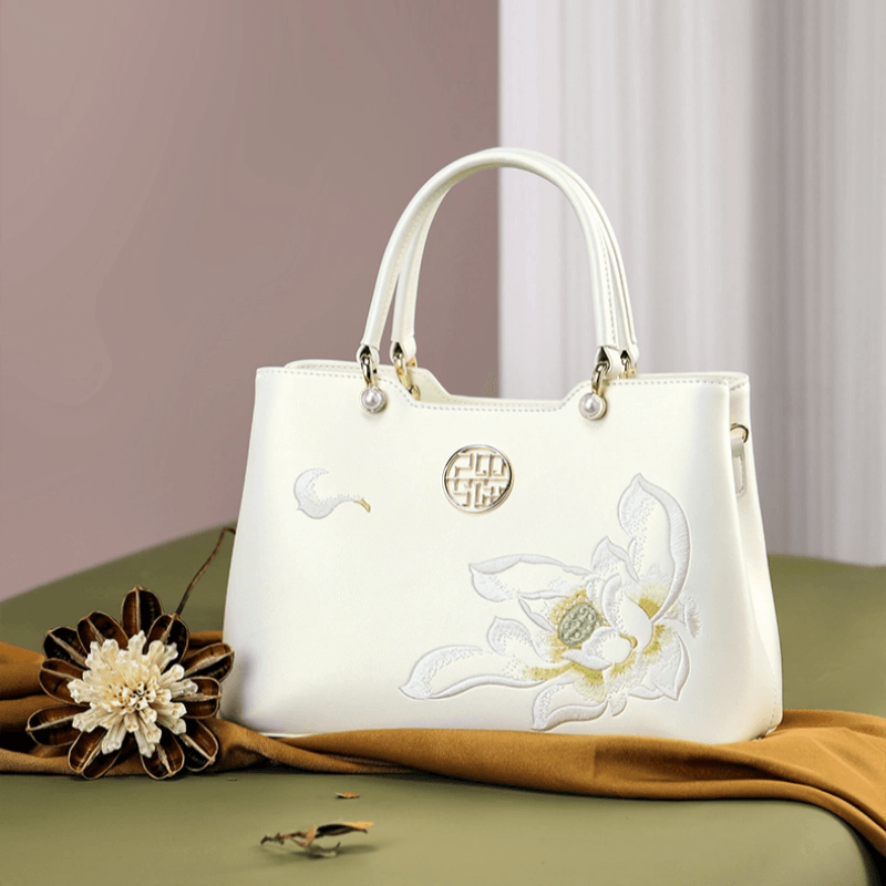 Embroidery Leather White Crossbody Tote Bag Lotus Luxury Gift - Image 8