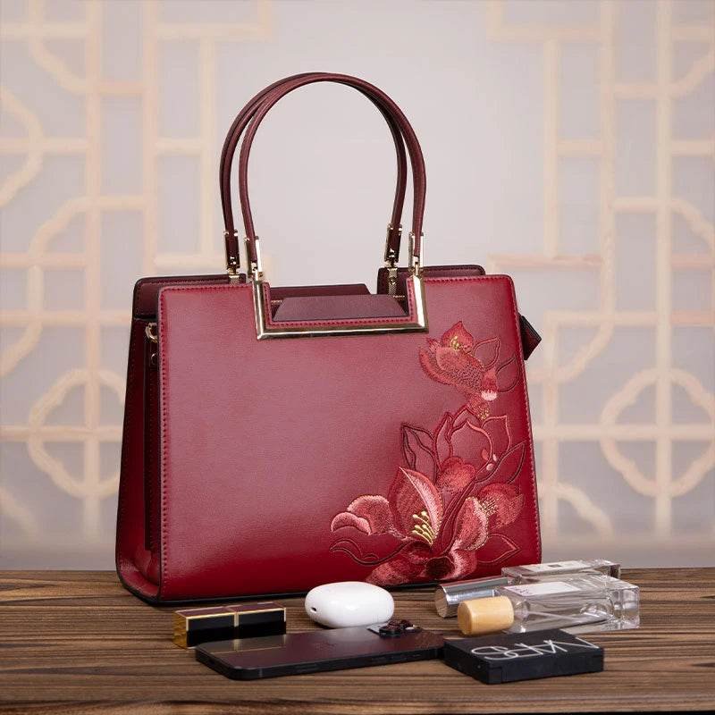Sinocultural Embroidery Leather Red Tote Bag Magnolia Women's Handbag - Image 8
