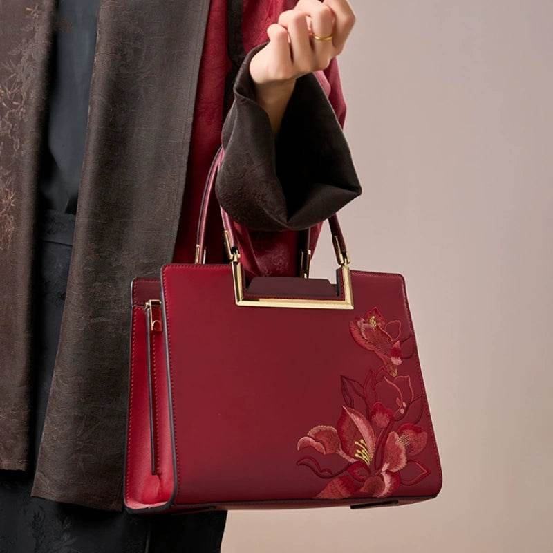 Sinocultural Embroidery Leather Red Tote Bag Magnolia Women's Handbag - Image 4