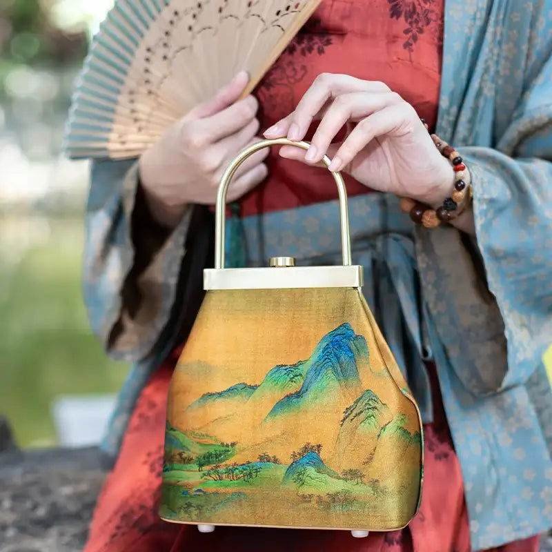 Chinese Painting Mulberry Silk Lux Kiss Lock Clutch Handbag - Image 3