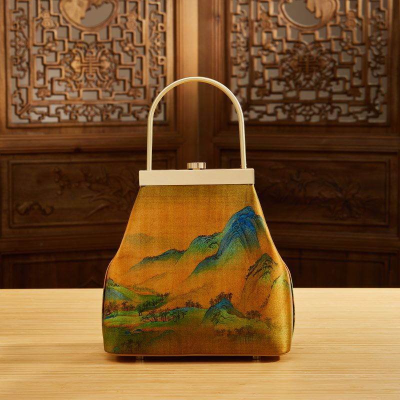 Chinese Painting Mulberry Silk Lux Kiss Lock Clutch Handbag - Image 6