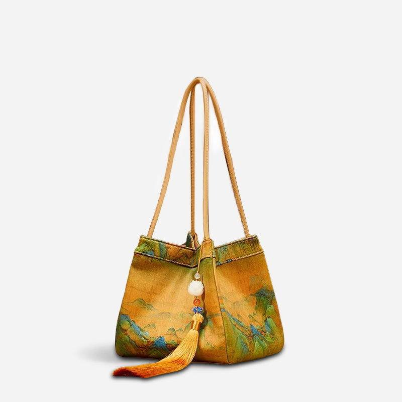 Chinese Painting Mulberry Silk Bucket Bag Vintage Handbag - Image 9
