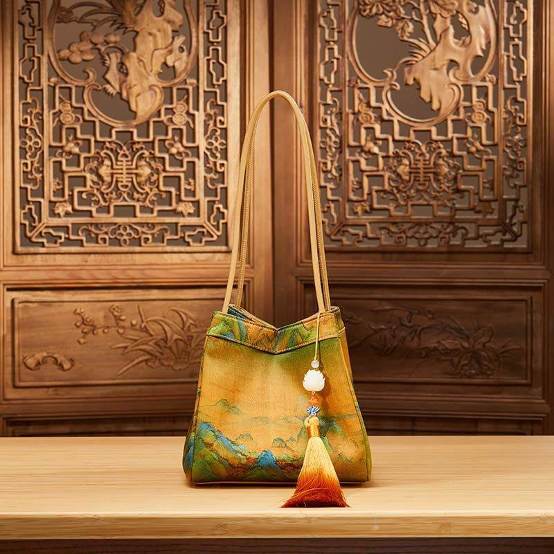 Chinese Painting Mulberry Silk Bucket Bag Vintage Handbag - Image 4