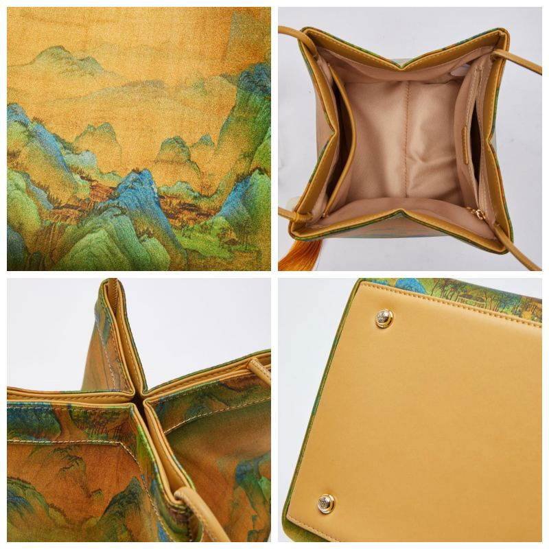 Chinese Painting Mulberry Silk Bucket Bag Vintage Handbag - Image 7