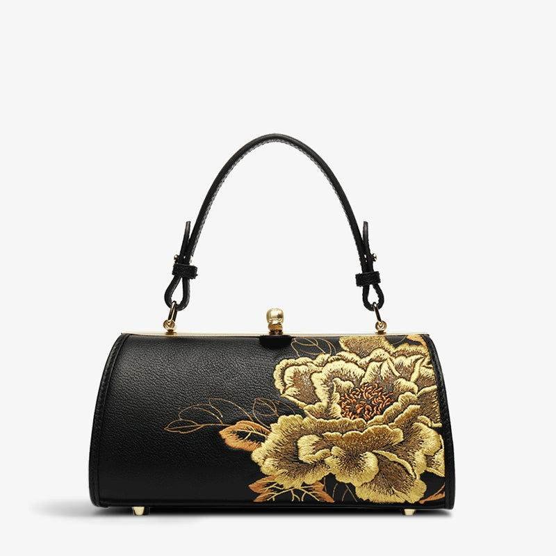 Embroidery Leather Kiss Lock Bag Royal Gold Peony Luxury Handbag - Image 13