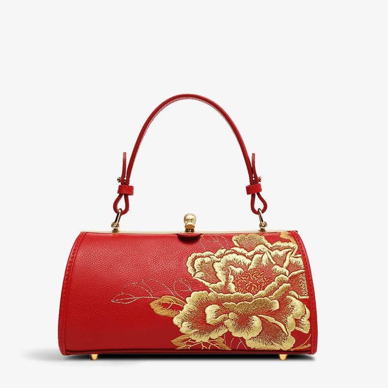 Embroidery Leather Kiss Lock Bag Royal Gold Peony Luxury Handbag - Image 14
