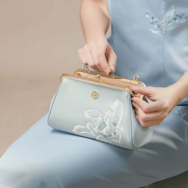 Embroidery Leather Kiss Lock Clutch Bag Lotus Evening Handbag - Image 8