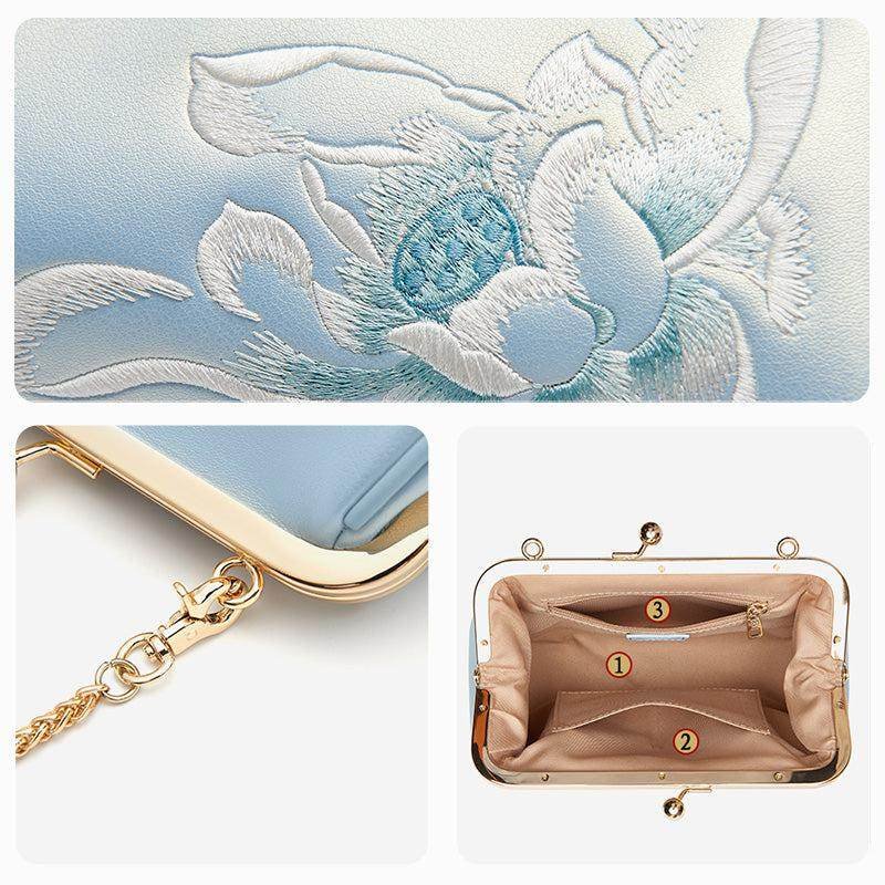 Embroidery Leather Kiss Lock Clutch Bag Lotus Evening Handbag - Image 12