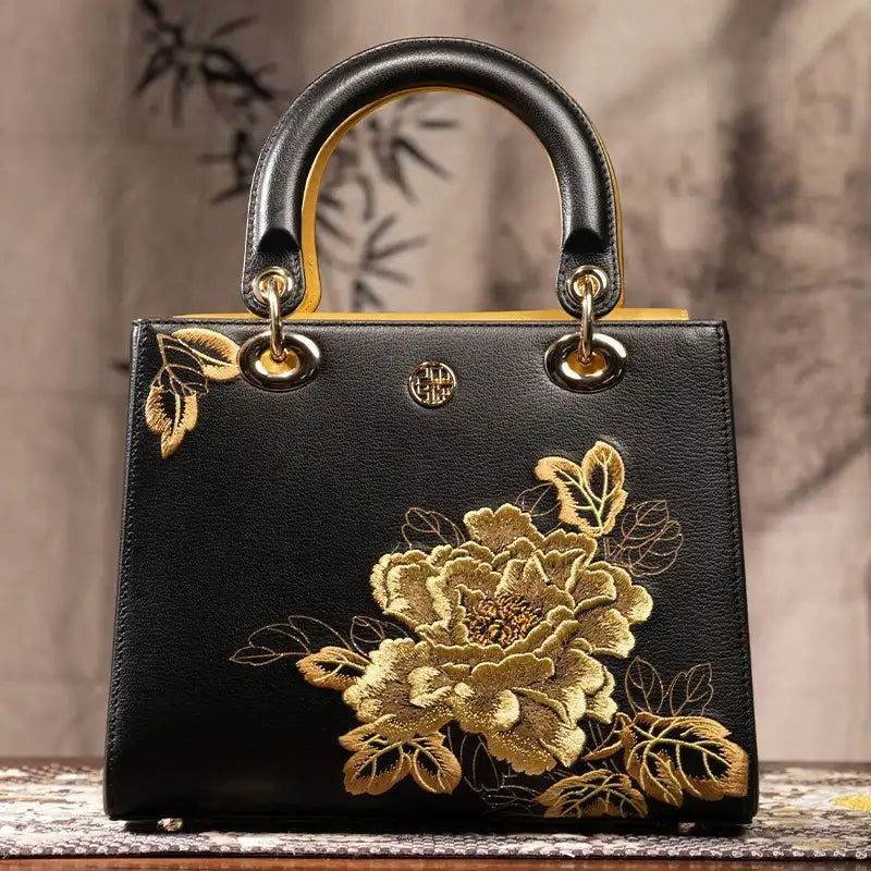 Embroidery Leather Black Lady Bag Gold Peony Luxury Handbag - Image 5
