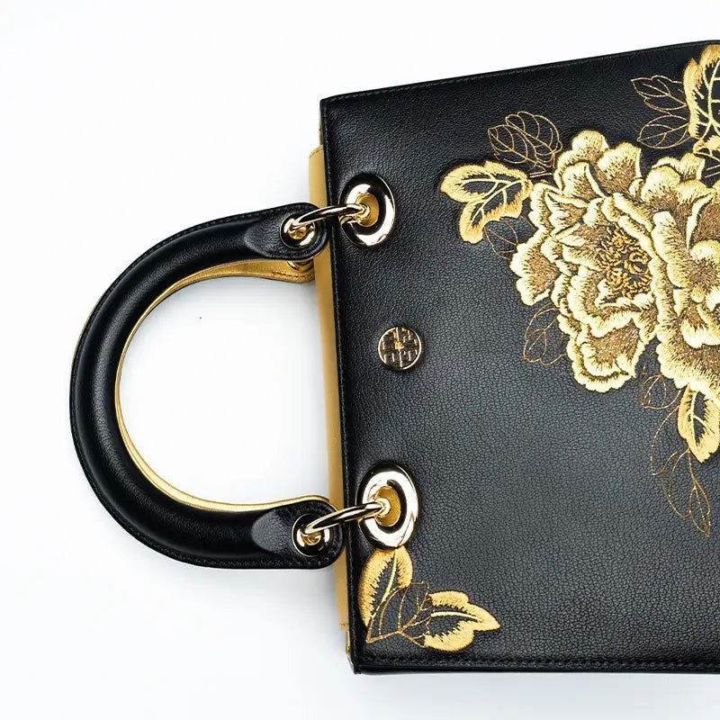 Embroidery Leather Black Lady Bag Gold Peony Luxury Handbag - Image 8