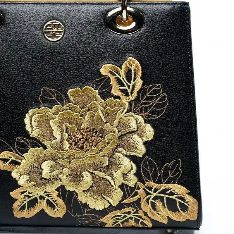 Embroidery Leather Black Lady Bag Gold Peony Luxury Handbag - Image 9