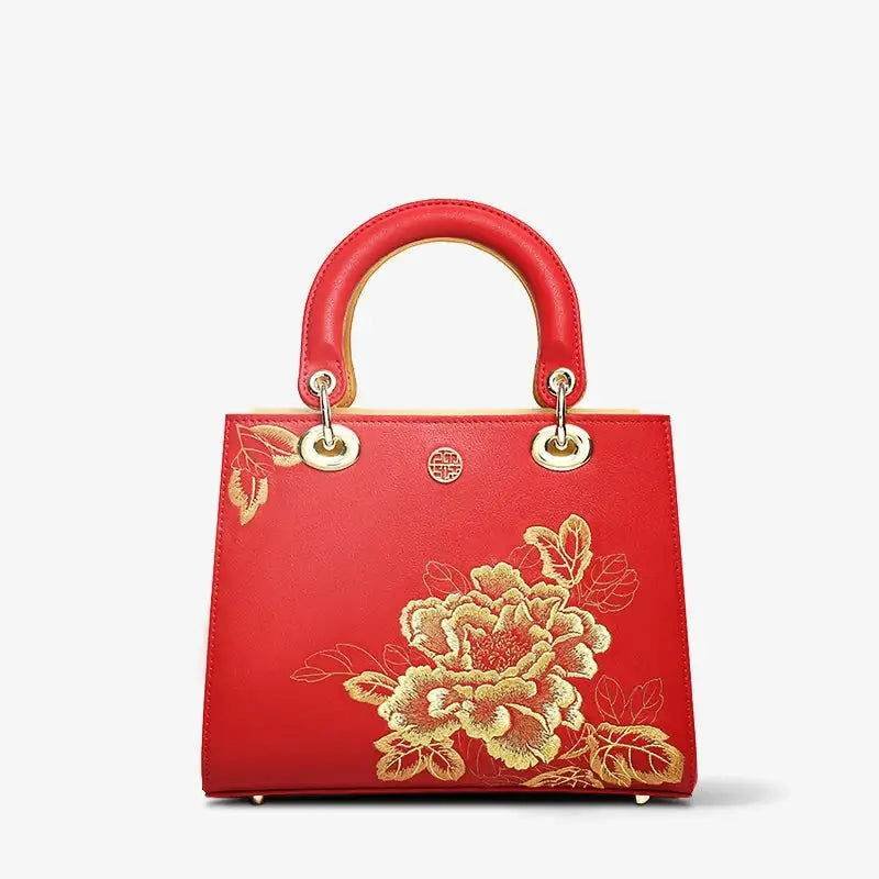 Embroidery Leather Black Lady Bag Gold Peony Luxury Handbag - Image 16