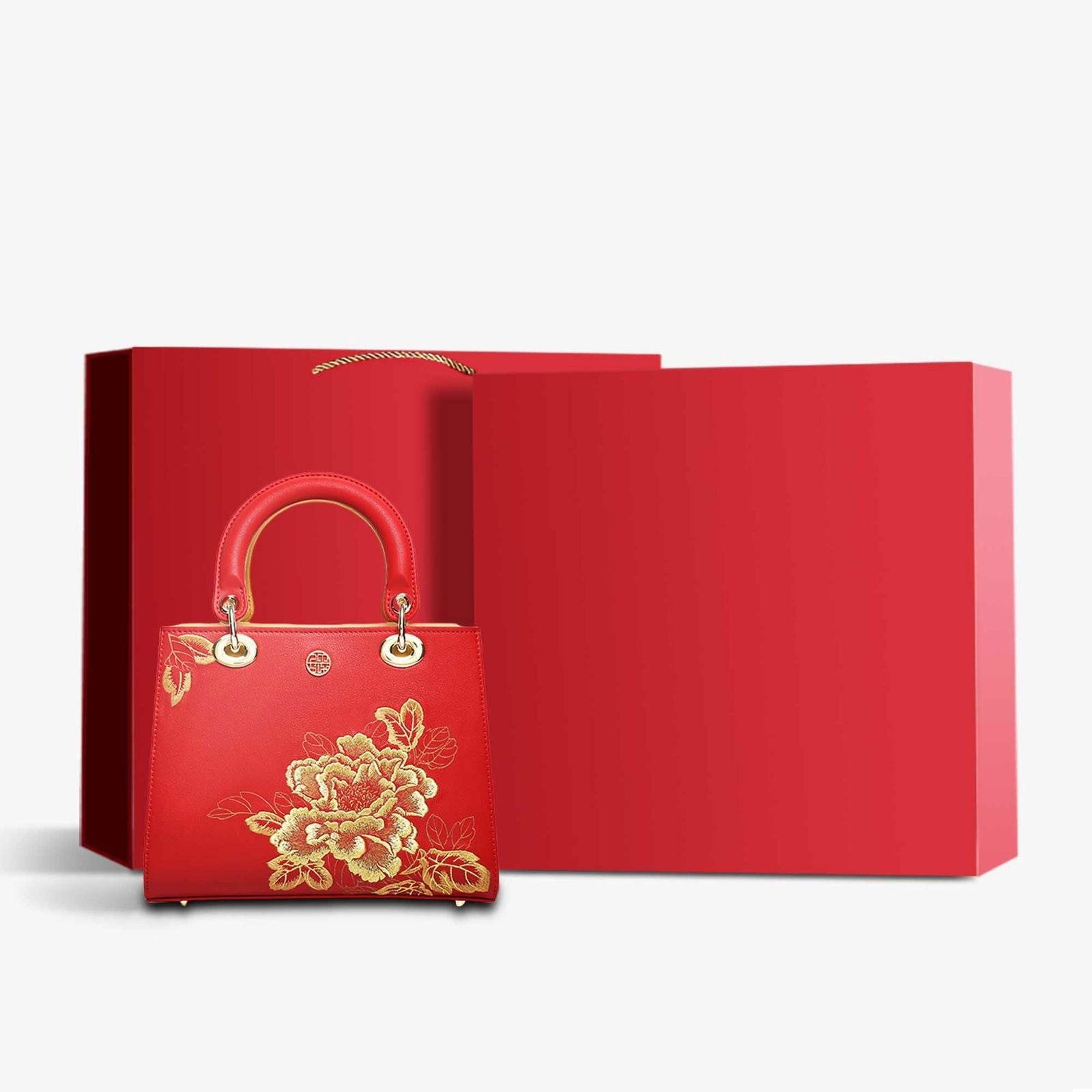 Embroidery Leather Black Lady Bag Gold Peony Luxury Handbag - Image 18