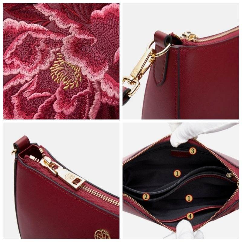Embroidery Leather Red Shoulder Bag Peony Women's Hobo Handbag - Image 12