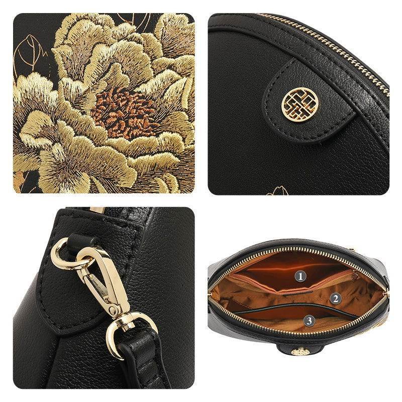 Embroidery Leather Shoulder Bag High Luxury Royal Gold Peony - Image 7