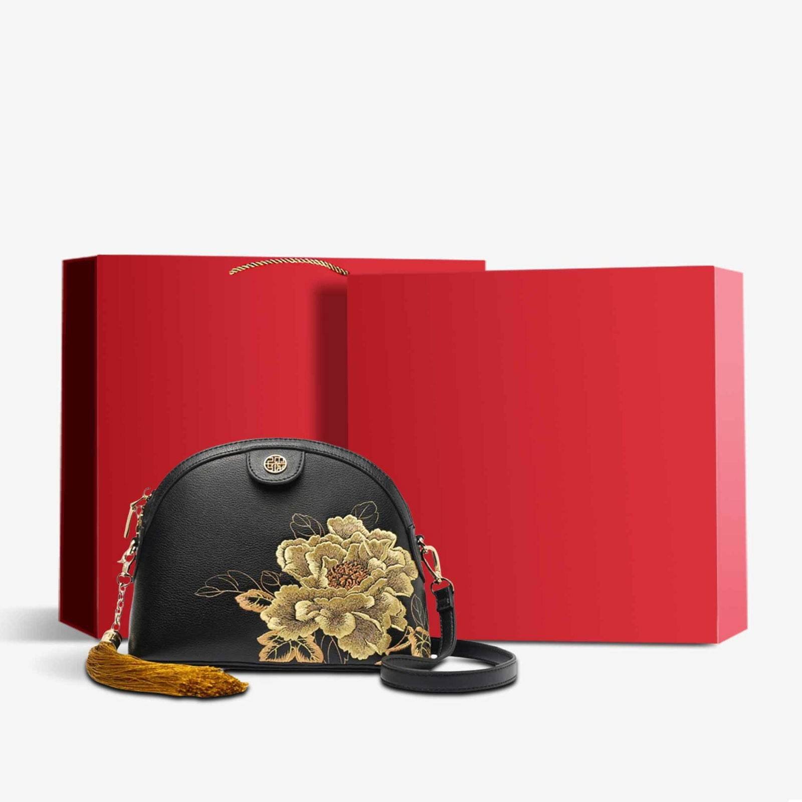 Embroidery Leather Shoulder Bag High Luxury Royal Gold Peony - Image 12