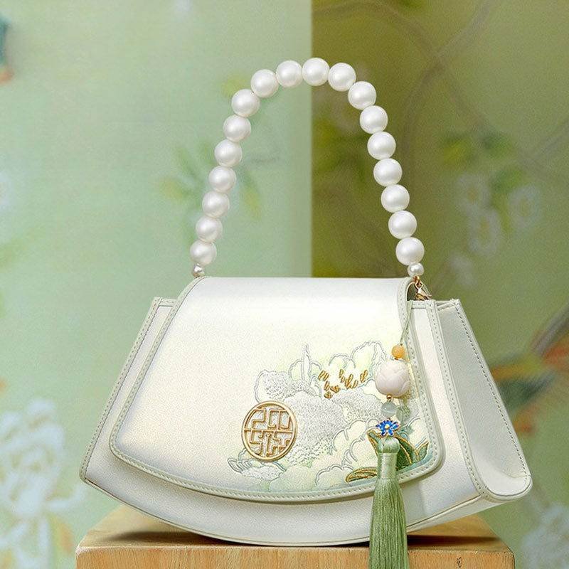Embroidery Leather Retro White Hibiscus Handbag with Pendant - Image 5