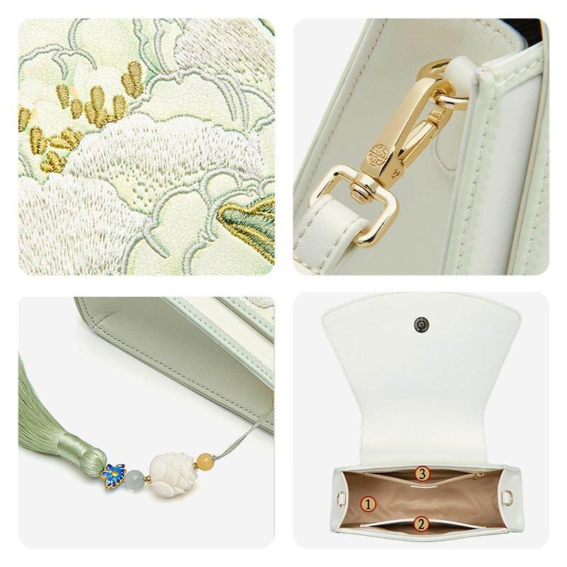 Embroidery Leather Retro White Hibiscus Handbag with Pendant - Image 6