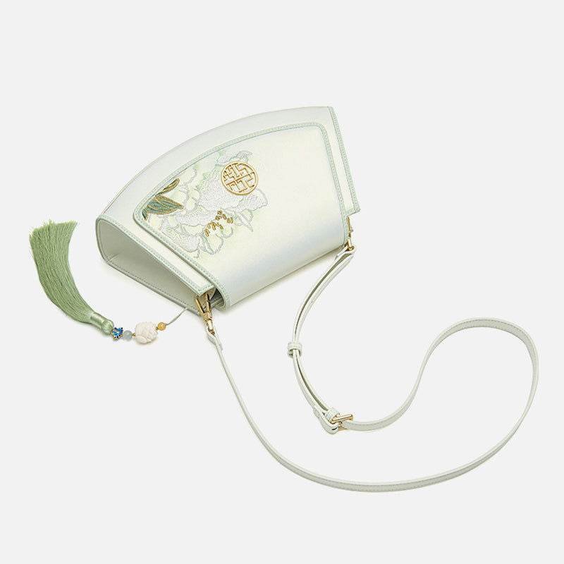 Embroidery Leather Retro White Hibiscus Handbag with Pendant - Image 10