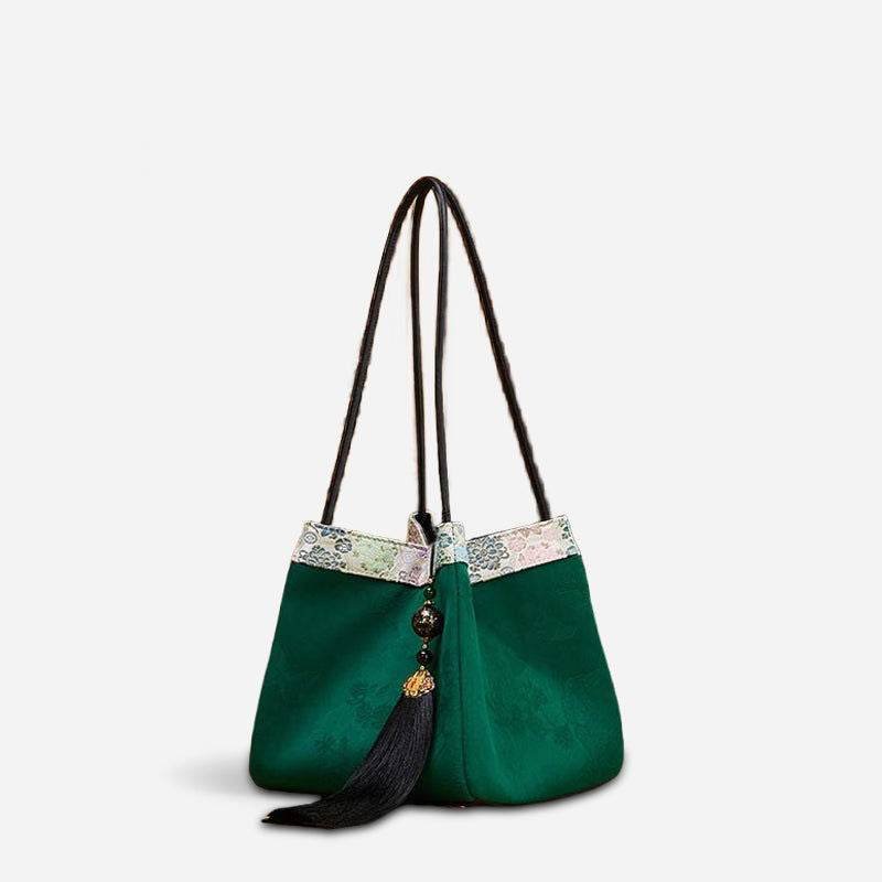 Xiangyunsha Silk Jacquard Vintage Green Bucket Bag - Image 7