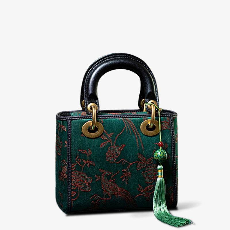 Xiangyunsha Silk Green Retro Cowhide Handbag with Pendant - Image 15