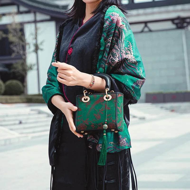 Xiangyunsha Silk Green Retro Cowhide Handbag with Pendant - Image 2