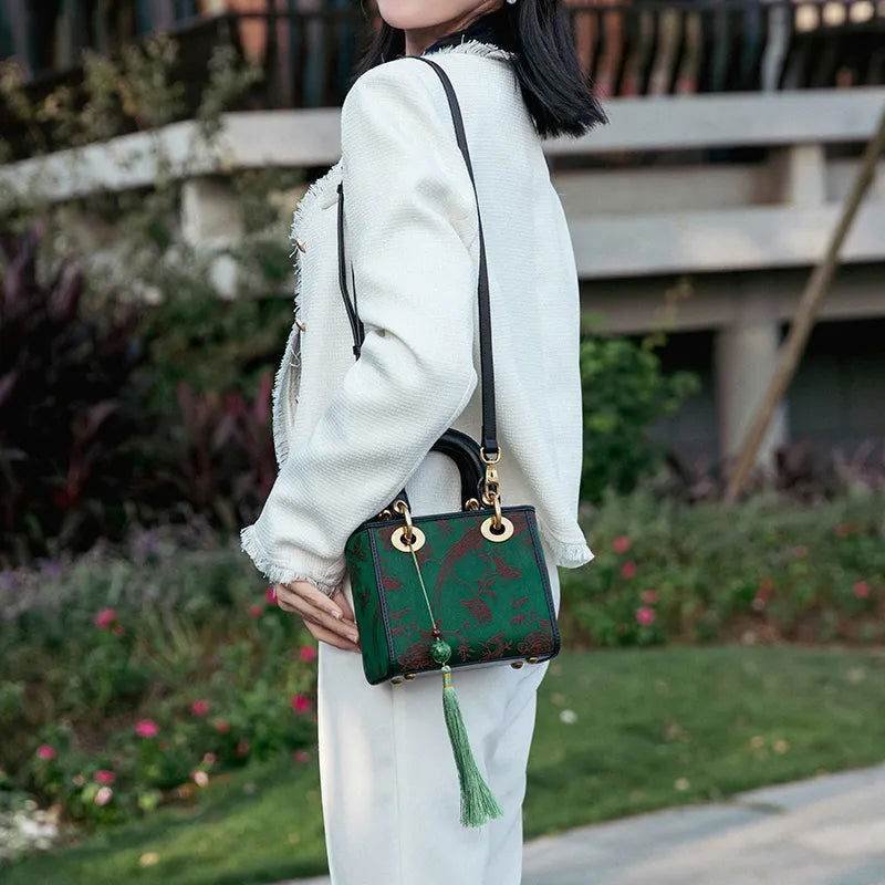 Xiangyunsha Silk Green Retro Cowhide Handbag with Pendant - Image 3