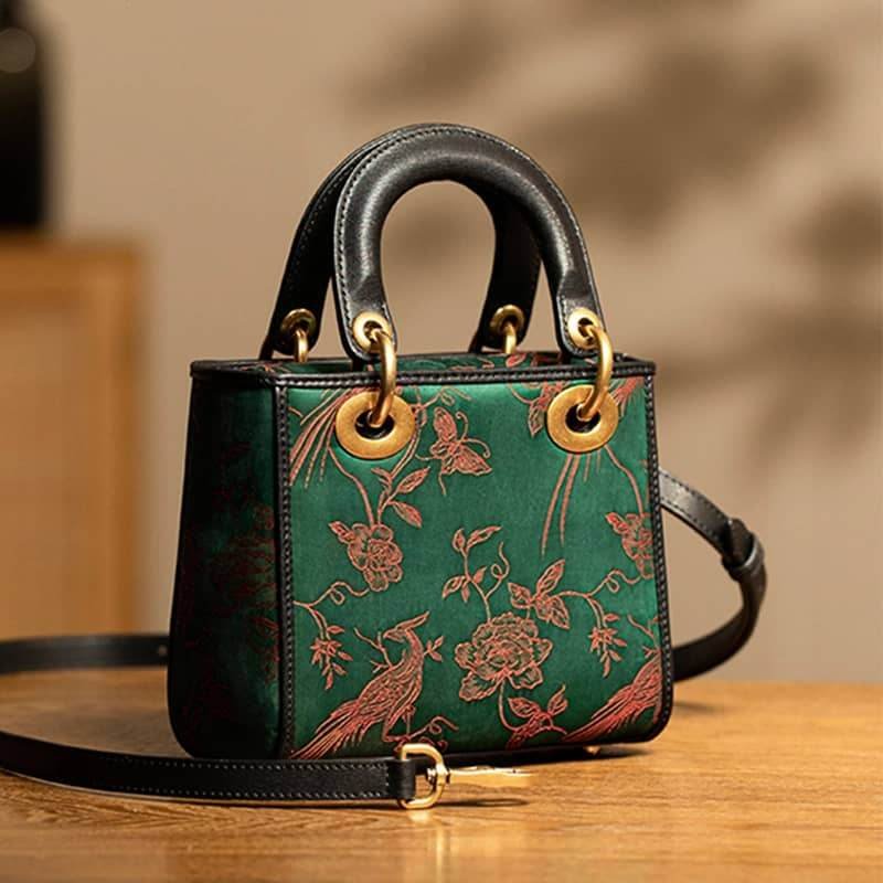 Xiangyunsha Silk Green Retro Cowhide Handbag with Pendant - Image 11