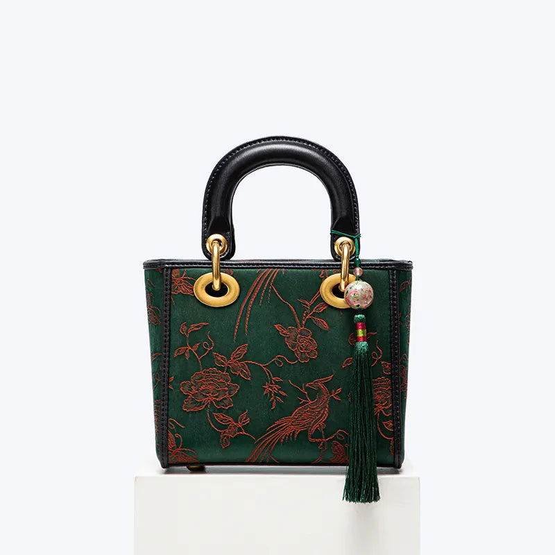 Xiangyunsha Silk Green Retro Cowhide Handbag with Pendant - Image 13
