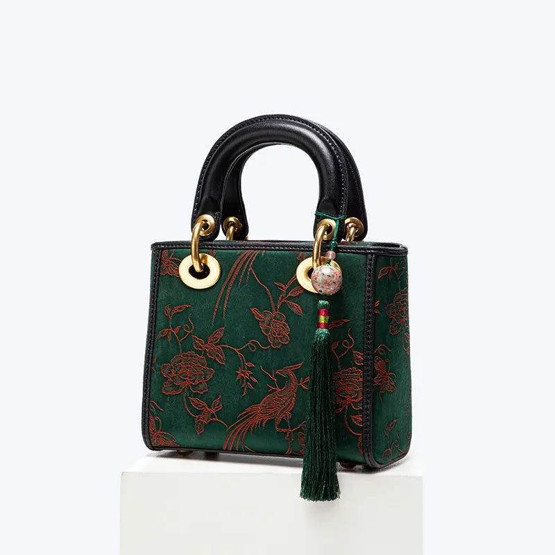 Xiangyunsha Silk Green Retro Cowhide Handbag with Pendant - Image 14