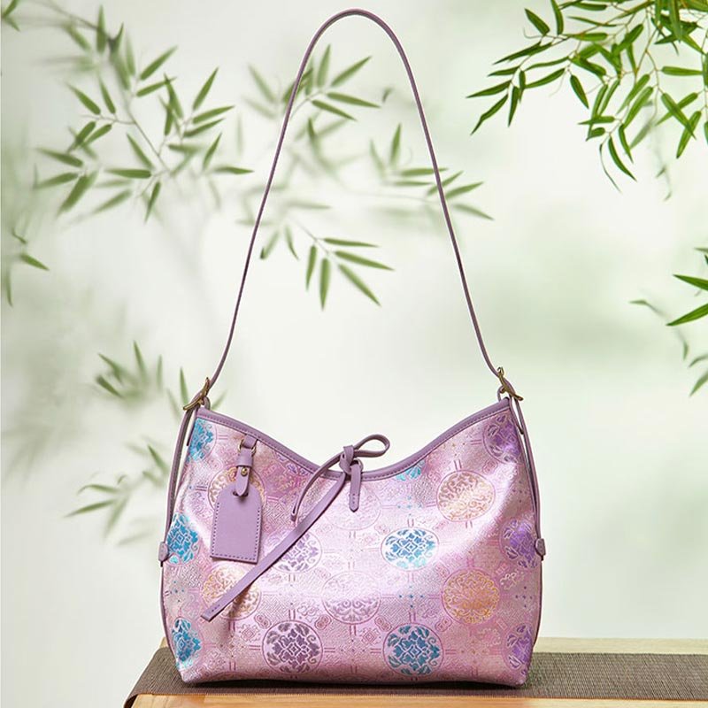 Handcraft Brocade Jacquard Purple"Tuanhua”Chinoiserie Royal Tote Bag - Image 3