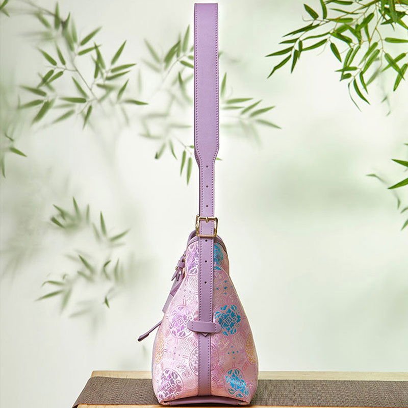 Handcraft Brocade Jacquard Purple"Tuanhua”Chinoiserie Royal Tote Bag - Image 6