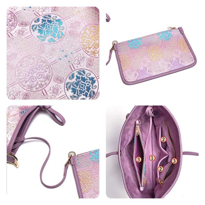 Handcraft Brocade Jacquard Purple"Tuanhua”Chinoiserie Royal Tote Bag - Image 7